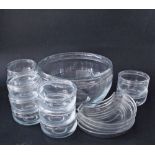 A collection of clear glass salad bowls , one large W26cm and 11 small W11cm, plus four crescent