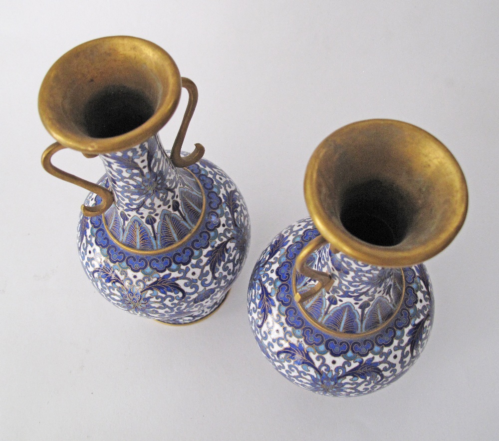 A pair of Chinese cloisonné bottle vases with flared rim and handles, decorated in blue and white, - Image 5 of 8