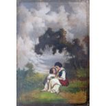 French school oil on canvas laid on board of a mother and daughter in a landscape, c19th century,