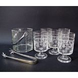 A glass ice bucket with handle H12cm a pair of silver plated tongs, together with five engraved