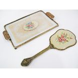 A brass and glass dressing table tray L30cm together with a filigree embroidered mirror L33cm, c19th