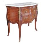 A French two drawer Louis XV style commode, inlaid with parquetry, with alabaster marble top and