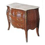 A French three drawer Louis XV style commode, inlaid with parquetry, with alabaster marble top and