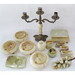 A collection of onyx desk accessories.The candelabra H32cm. (14)