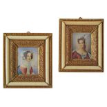 A pair of miniature watercolour portraits of young women in gilt and ivorine frame. 17X15cm each (