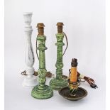 A collection of three table lamps and a candlestick. The white - H40cm, the pair of green