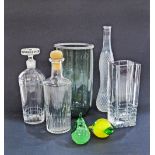 A collection of glass and crystal vases, decanters and paper weights. (7)