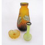 A collection of three coloured art glass items, a reproduction Galle vase H16cm, a yellow rose by