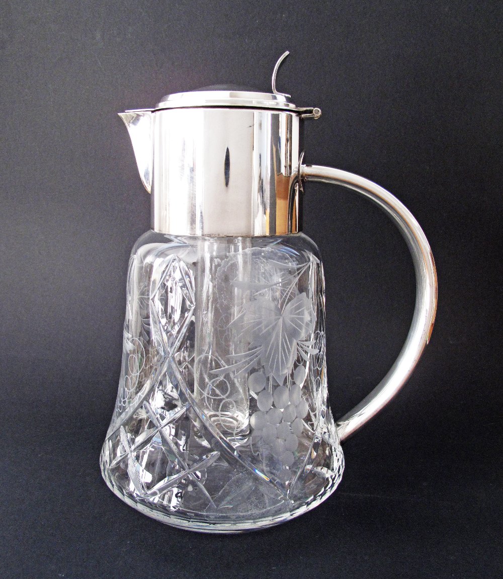 A German Wilhelm Wolff silver plated mounted crystal pitcher / claret jug, carved and engraved - Image 6 of 7