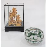 A Japanese miniature model of a pagoda landscape in a glass cover 13X10cm, H20cm, together with a