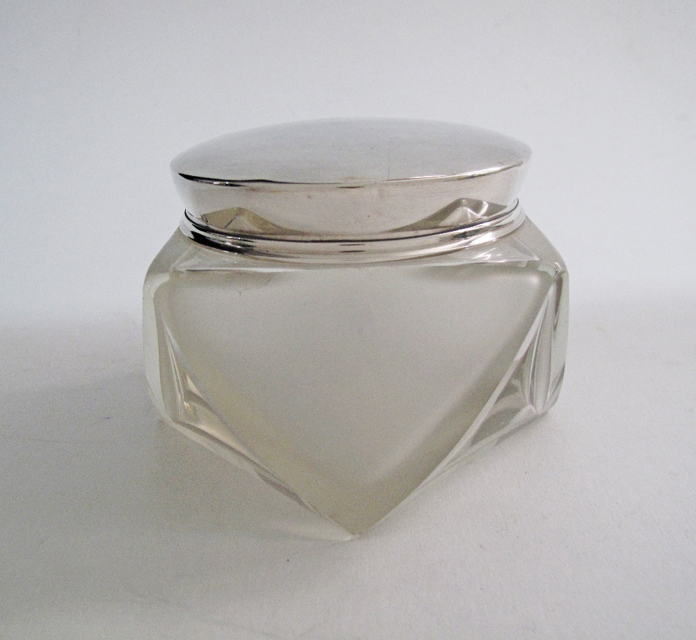 A modern etched frosted glass jar lidded with a silver cup. - Image 2 of 4