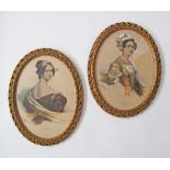 A pair of lithograph portraits of ladies, glazed in oval carved giltwood frames. H47cm, W37cm. (2)