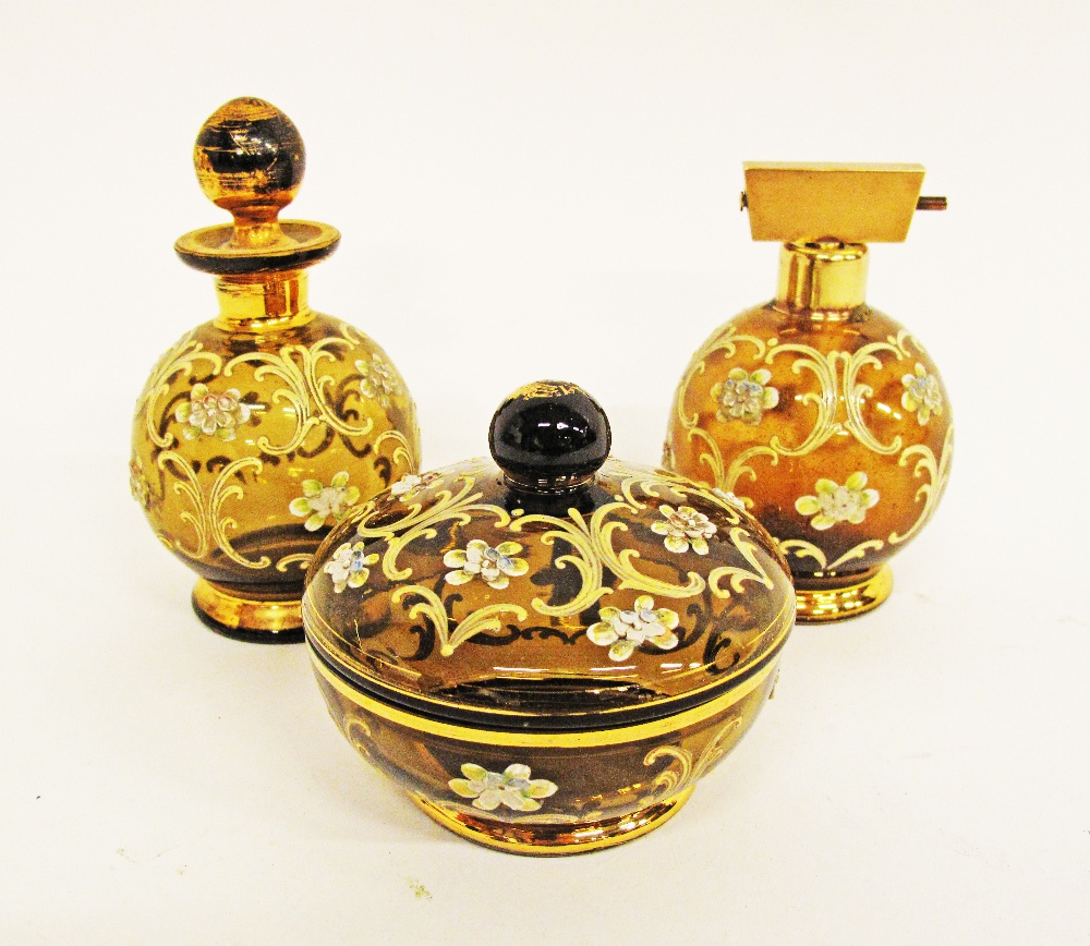 A set of Bohemian enamelled and gilt 'Persian-style' purple-tinted glass containers probably