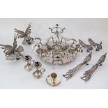A collection of silver plated table decorations, comprising a centerpiece with candle-holders W26cm,