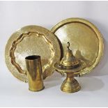 A small brass brazier H26cm, together with an engraved Islamic round brass tray W34cm, an Indian