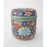 A round Chinese cloisonné box decorated with flowers - mille fiori - mid 20th century. H95mm, W85mm.