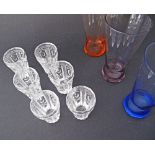 Six vintage cut crystal shot glasses H6,5cm together with three coloured glasses H14cm. (9)