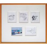 A collection of five miniature drawings framed and glazed as a group 45X53cm.