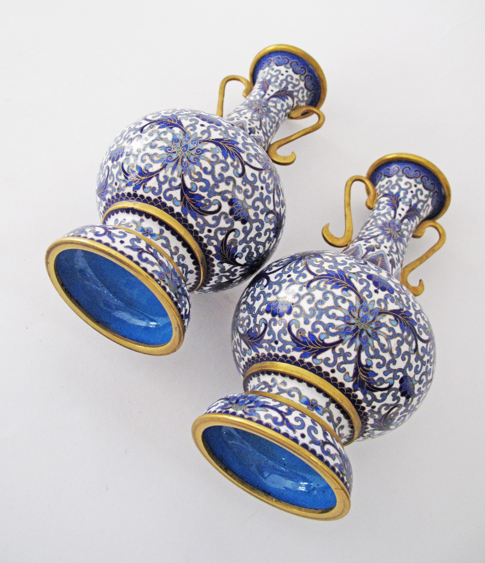 A pair of Chinese cloisonné bottle vases with flared rim and handles, decorated in blue and white, - Image 6 of 8