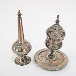 A copper & silver rosewater bottle and incense burner