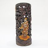 A Chinese / Japanese carved and shibayama decorated bamboo cylindrical vase