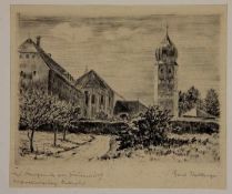 Stadlberger, Hans1892-1970, Original-Radierung Kaltnadel, Frauenwörth, Blick auf die Abtei, unten