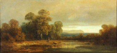 Schleich, Eduard1812-1874, idyllische Flusslandschaft, am Ufer ein Mann mit Hund, dahinter Bäume,