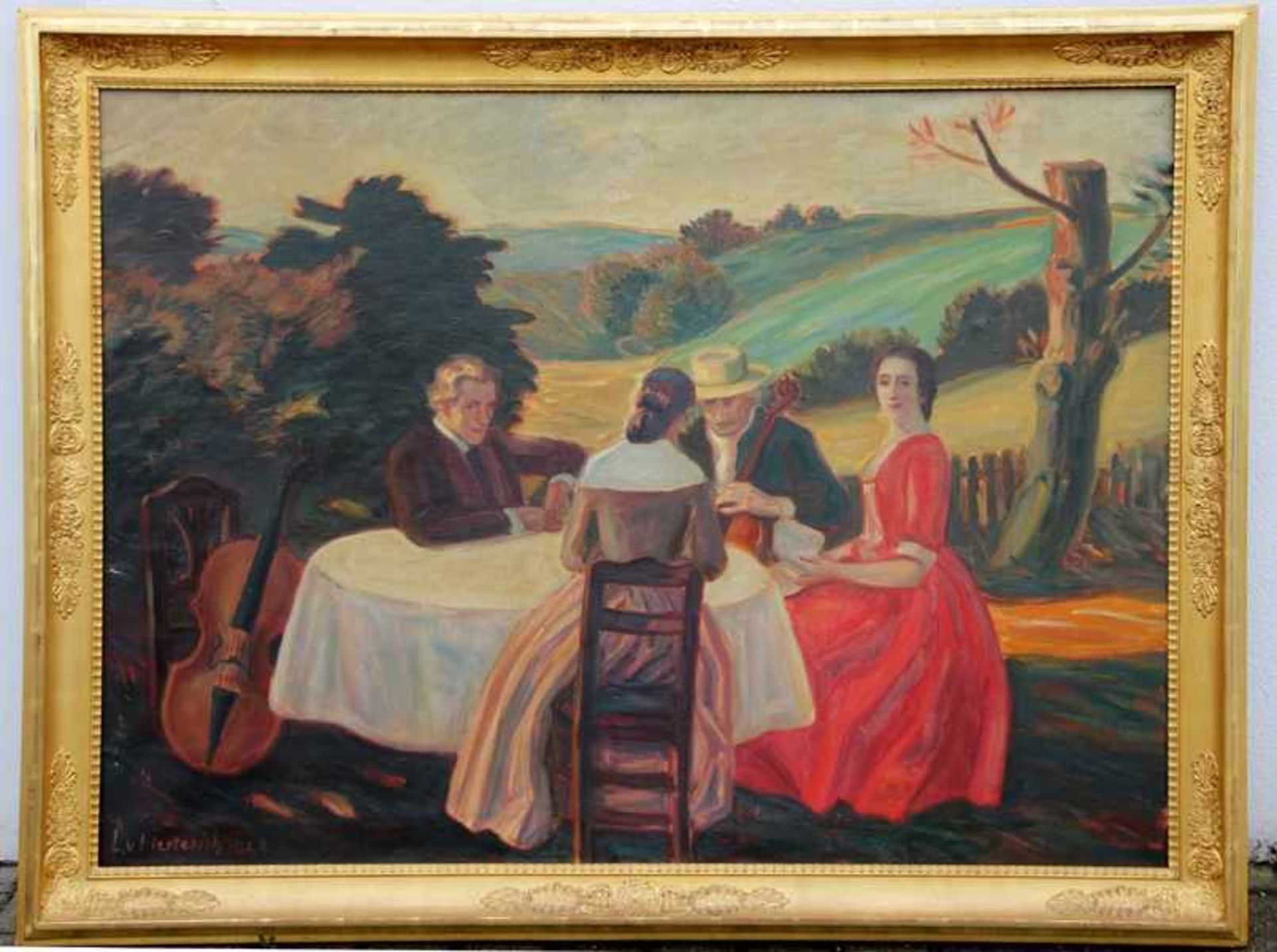 von Herterich, Ludwig1856-1932, großeformatige Landschaft mit Personen, 2 Paare beim Musizieren in