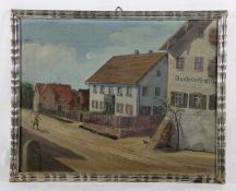 Unbekannter Künstler1922, dörfliche Straße mit Hühnern u. einem Bauern mit Sense, versch. Gebäude,