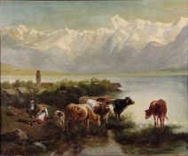Unbekannter Künstler19. Jhd., See in den Alpen, am Ufer einige Kühe, links eine junge Bäuerin mit