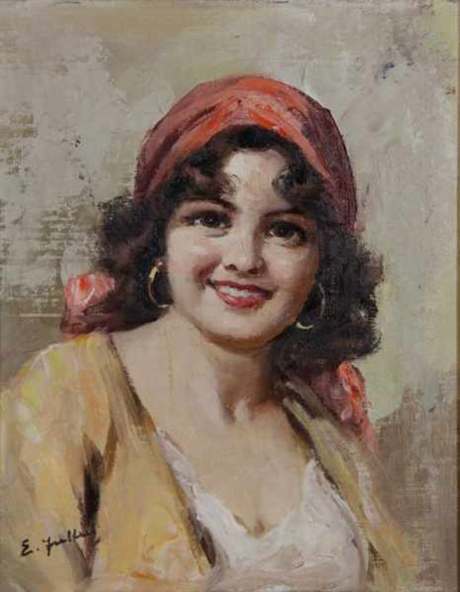 Unbekannter Portraitist20. Jhd., Bildnis einer jungen italienischen Frau mit goldenen Ohrringen, die