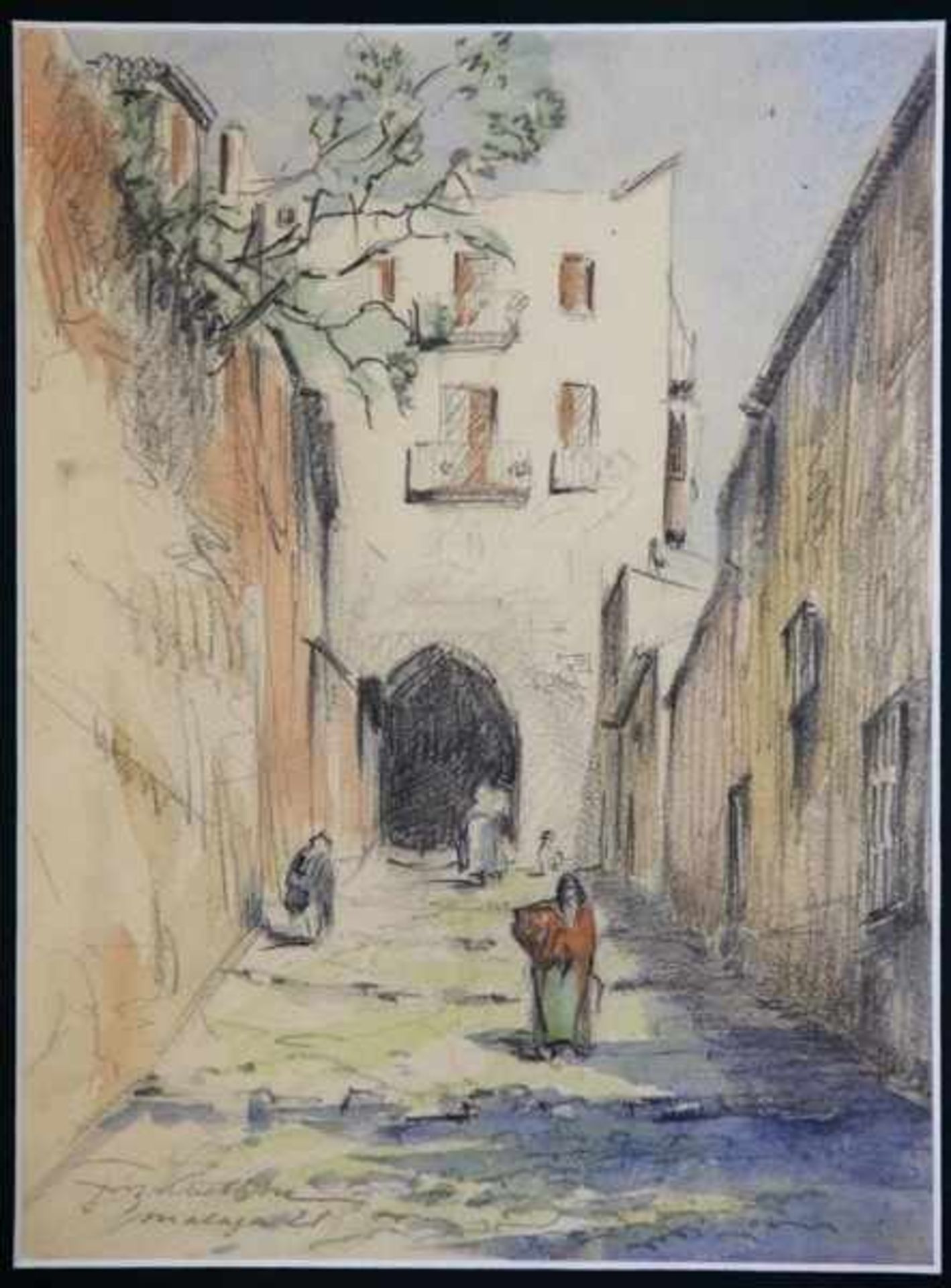 Unbekannter Künstler1921, Malaga, aquarellierrte Zeichnung, Blick in eine Straße mit Tor,