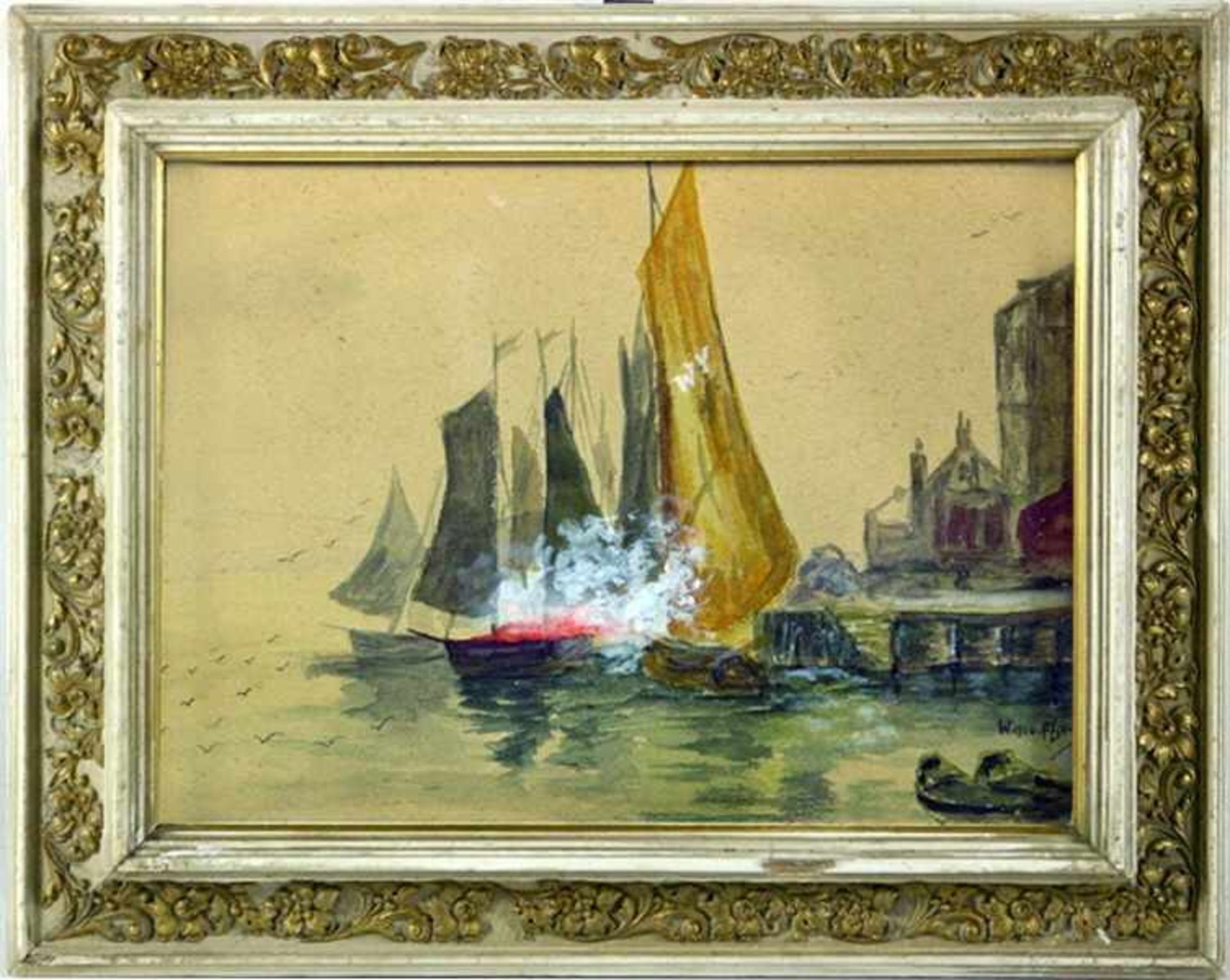 Unbekannter Künstlerum 1900, Aquarell, Küstenlandschaft mit Segelbooten, davon eines mit rotem Feuer