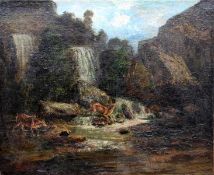 Courbet, Gustave; zug.1819-1877, felsige Landschaft mit Wasserfällen, in der Bildmitte zu einem