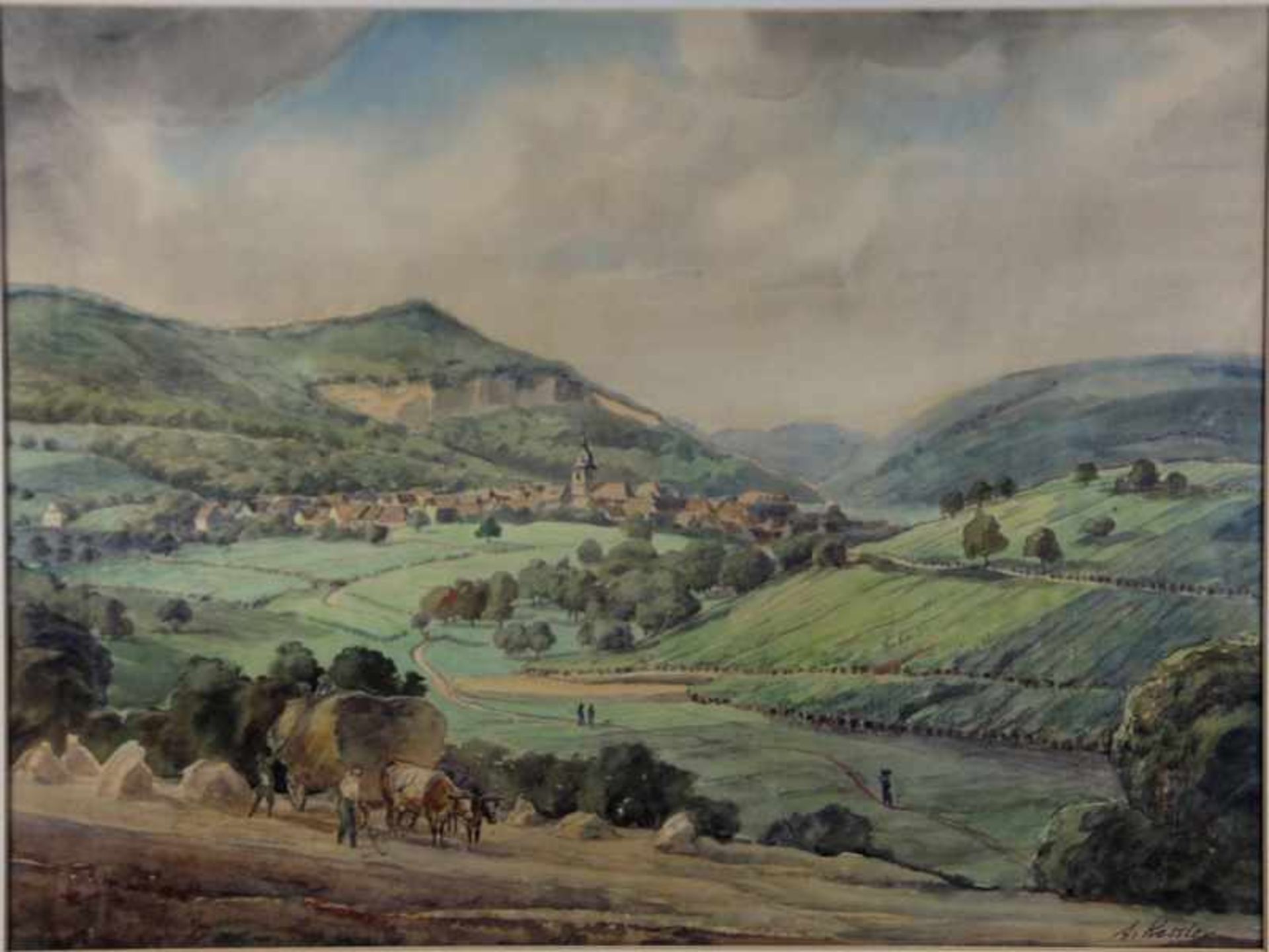 Kessler, Adolf1890-1974, Aquarell, pfälzer Landschaft mit Bauern bei der Ernte, im Hintergrund