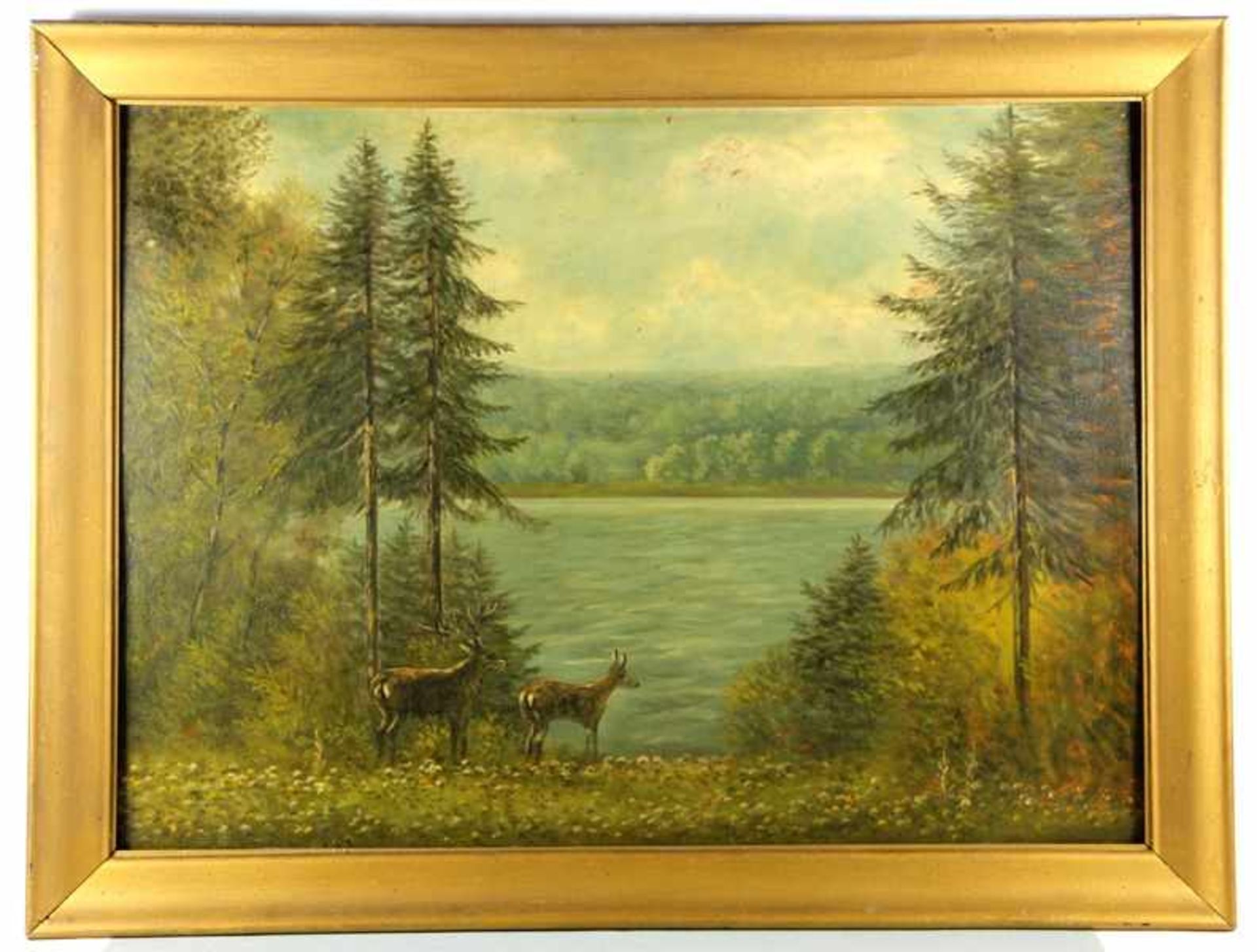 Unbekannter Künstler20. Jhd., Seenlandschaft, im Vordergrund 2 Rehe, Öl/Platte, gebr.sp., rest.,