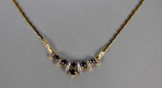 Collier585er GG, Collier eingefassst mit Diamanten u. Safiren, Gebr.sp., L. 43, ges. ca. 7,5gr.