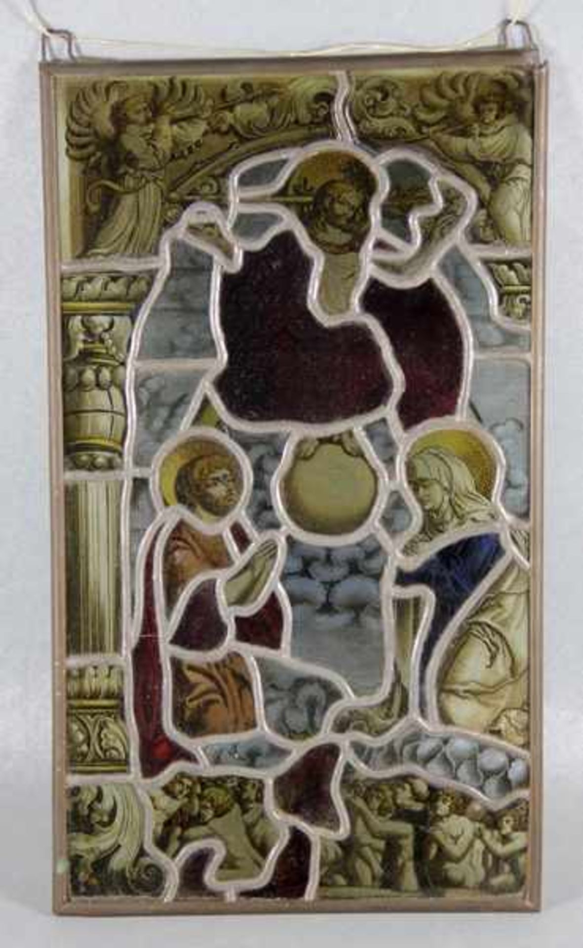 Glasbild18./19., Jhd., Glasbild, stellenw. farbiges Glas, feines schwarzes Motiv, Christus, Maria u.