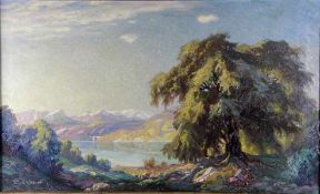 Wagner, Erich K.; zugeschr.1890-1974, sonnige Landschaft mit Voralpenland, mittig ein See, im
