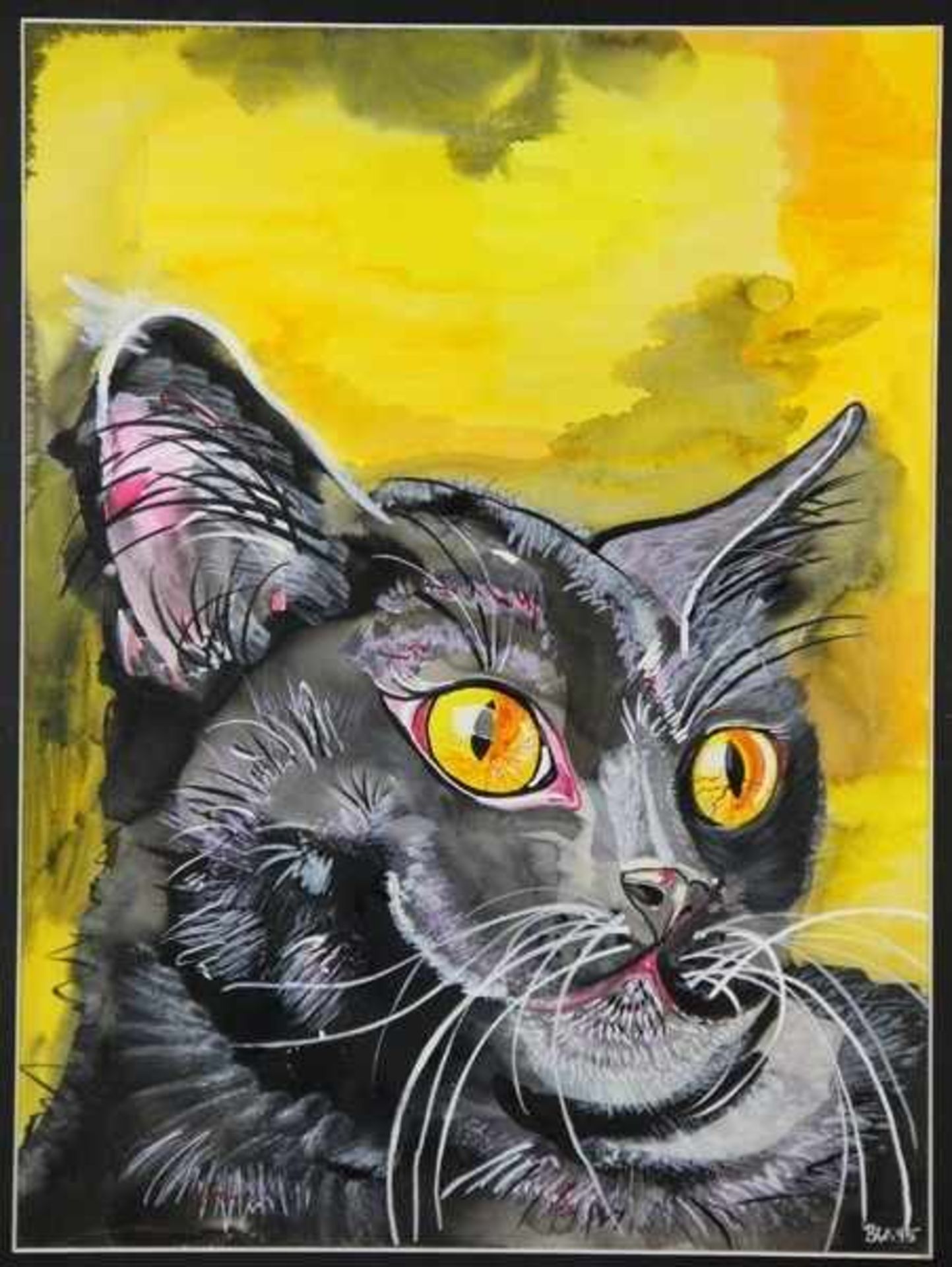 Werthwein-Senger, Beatrice1953-2016, Aquarell/Mischtechnik, Kopf einer schwarzen Katze, leuchtende