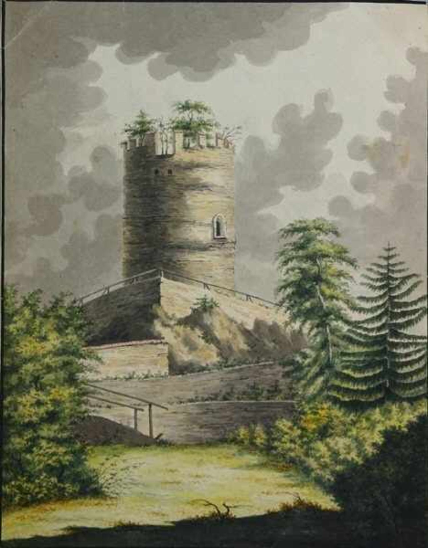 Unbekannter Künstler19. Jhd., Gouache/Mischtechnik, Landschaft, Blick auf einen Wehrturm einer Burg,
