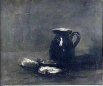 Ribot, Theodule Augustin1823-1891, Stilleben, Tonkrug mit 3 geöffneten Austern, impressionistische