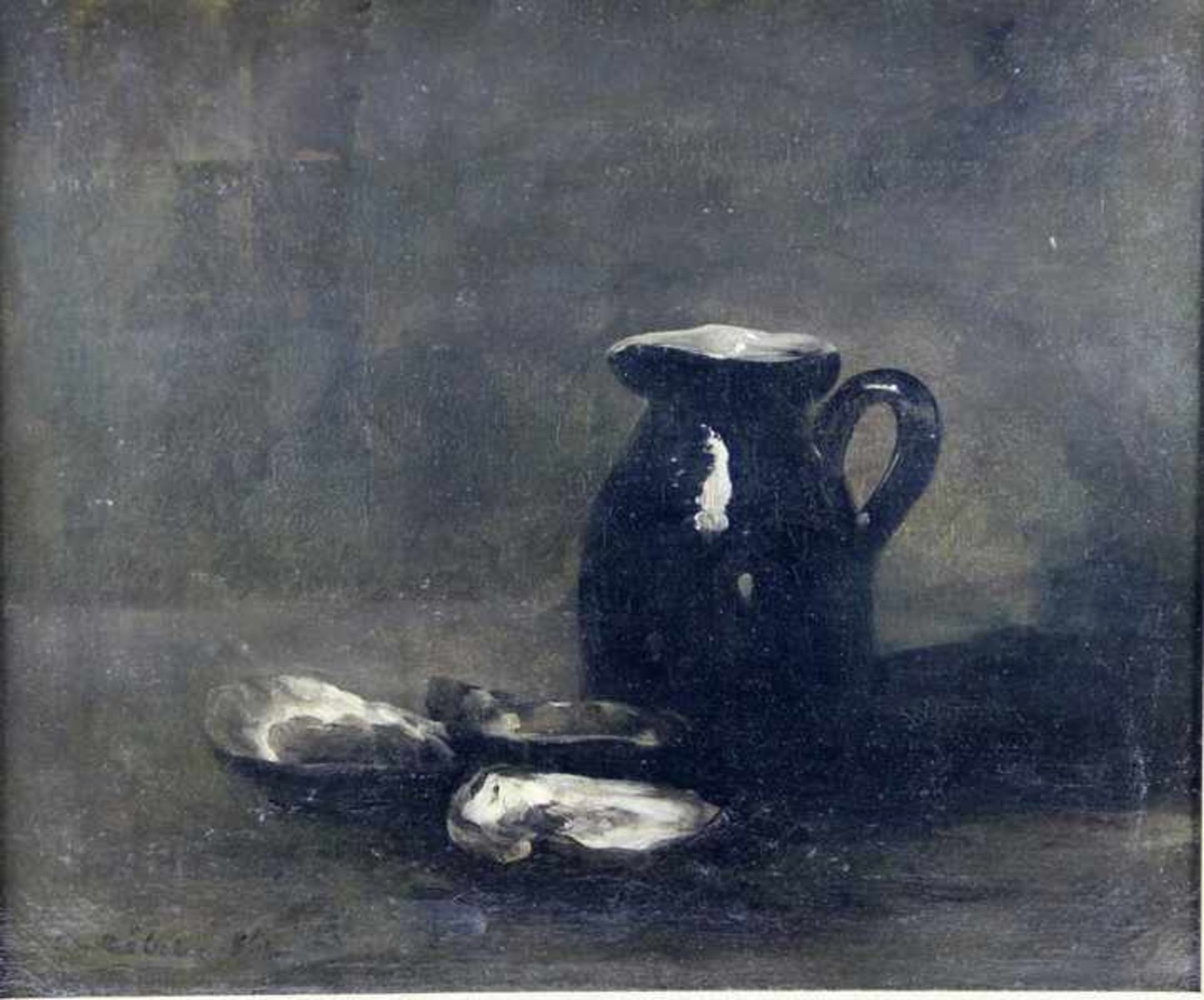 Ribot, Theodule Augustin1823-1891, Stilleben, Tonkrug mit 3 geöffneten Austern, impressionistische