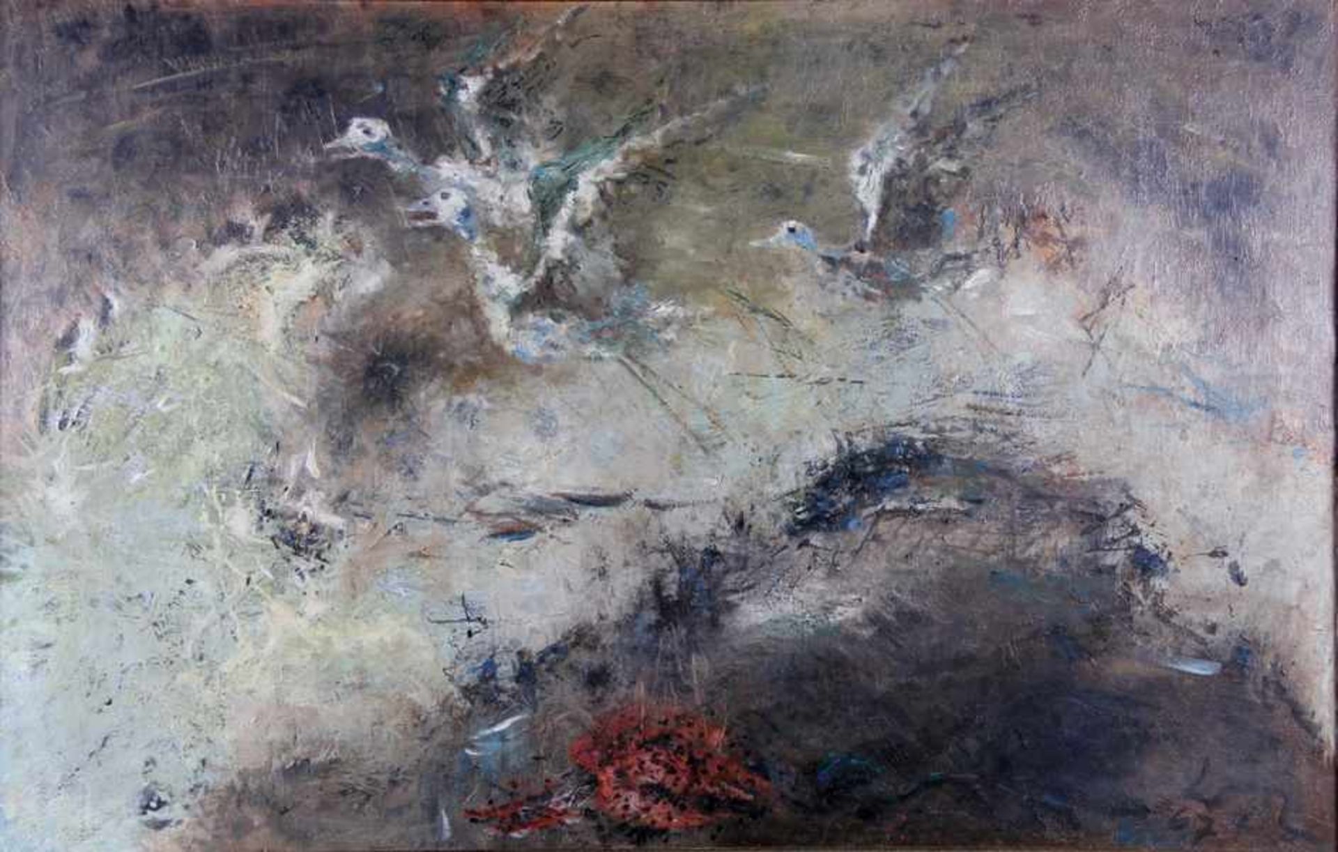 Lederer, Walter1923-2003, Strand I., auffliegende Vögel mit weißem Gefieder und langen Beinen vor