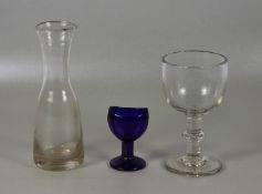 Konvolut Glas3tlg., Konvolut Glas, versch. Ausführungen u. Alter, Trinkglas, Karaffe u. blaue