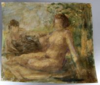 Unbekannter Künstler1. Hälfte 20. Jhd., 2 liegende Frauen in einer Landschaft, eine unbekleidet,