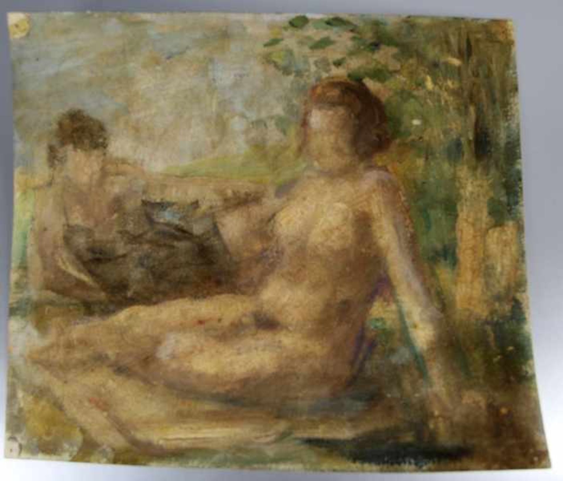 Unbekannter Künstler1. Hälfte 20. Jhd., 2 liegende Frauen in einer Landschaft, eine unbekleidet,