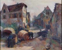 Fessler, Albert1908-1978, Dorf in der Pfalz, einige Männer beim Bauen von Kübeln oder Weinfässern,