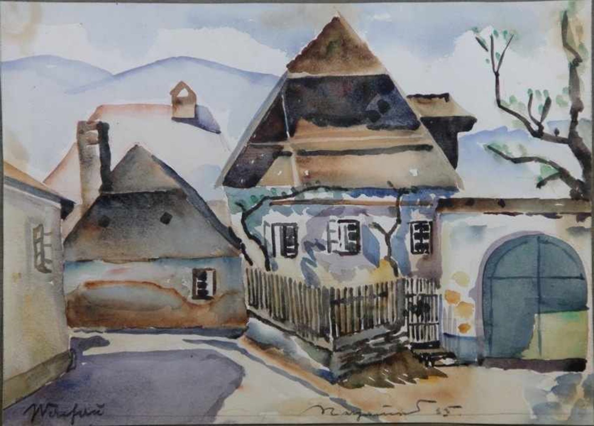 Unbekannter Künstler1935, Aquarell, Straße mit Fachwerkhäusern, unleserlich signiert u.