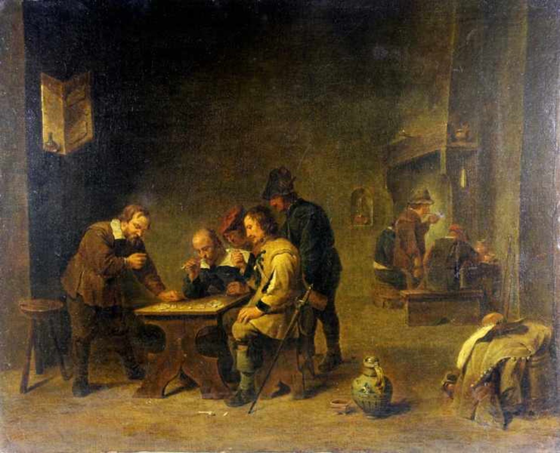 holländischer Meisterum 1700, holländische Genreszene in einem Wirtshaus, Männer an einem Tisch,